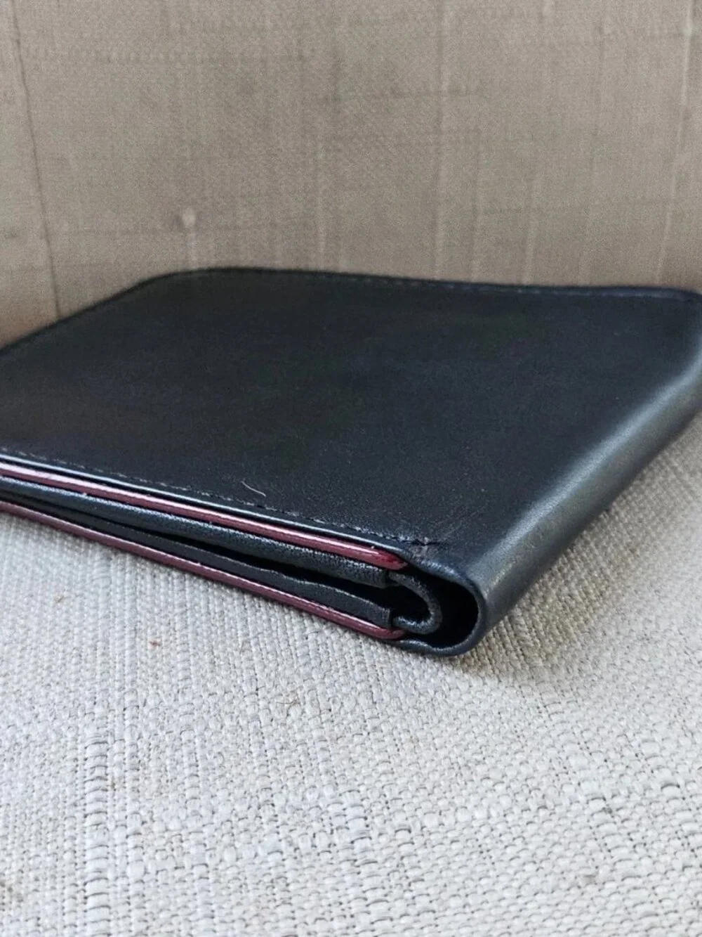 Black Leather Bifold Wallet with Red Trim Billfold Genuine Leather Handmade New